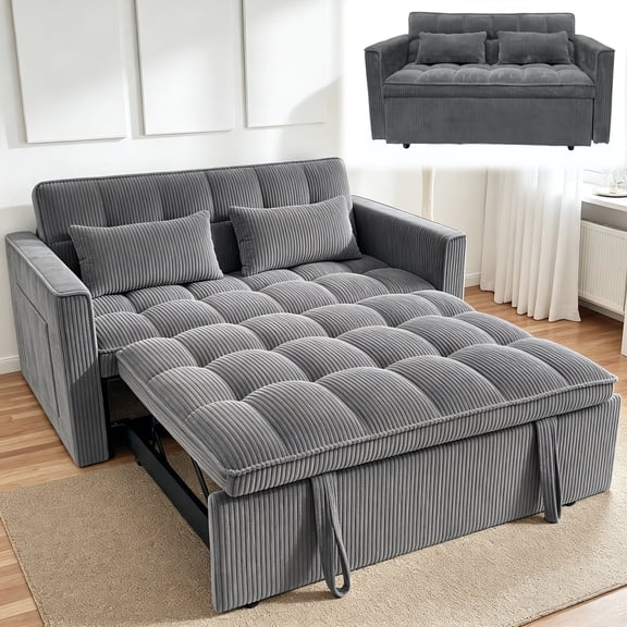 Scolyk 54" 3 in 1 Convertible Sleeper Sofa Bed, Corduroy Loveseat Couch Bed Sofa Pull Out with 5-Position Adjustable Backrest, Storage Pockets, Lumbar Pillows for Living Room, Dark Gray