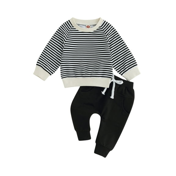 Bagilaanoe 2PCS Toddler Baby Boy Long Pants Set Striped Print Long Sleeve Sweatshirt Pullover Tops + Drawstring Sweatpants 6M 12M 18M 24M 3T Kids Casual Sweatsuits