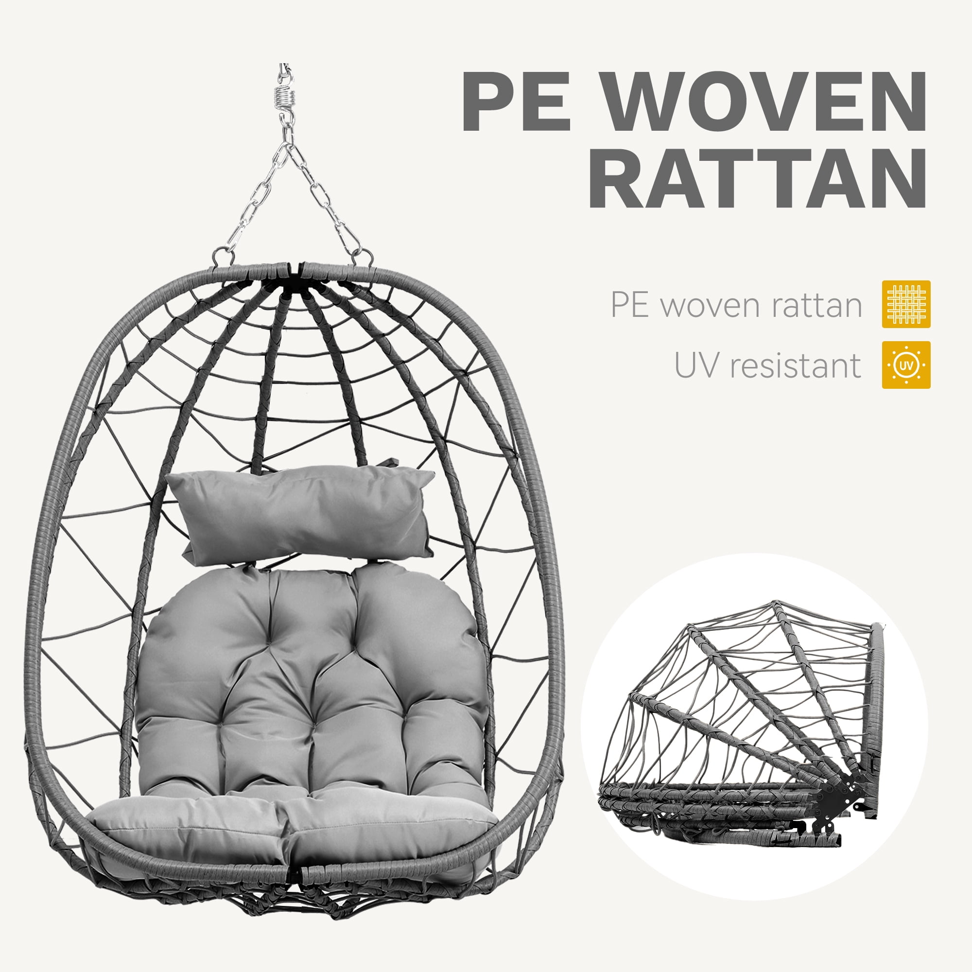 Uforic Wicker Egg Swing Chair with Stand & Cushion, 330lbs Capacity, Dark Gray