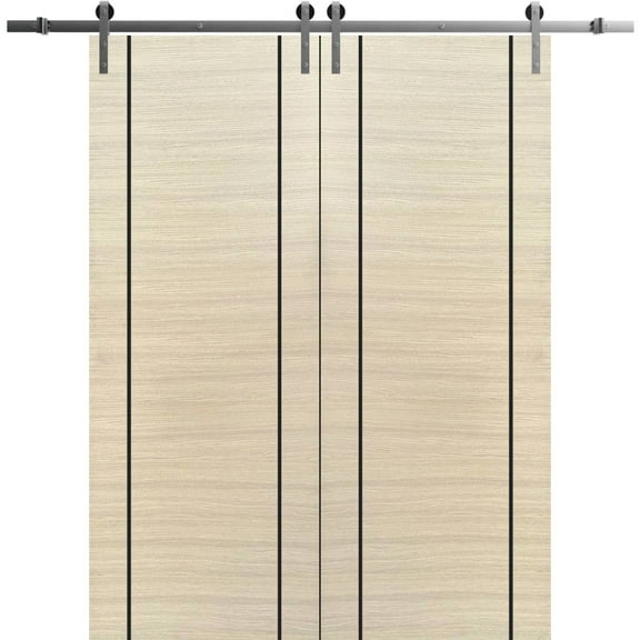 Sturdy Double Barn Door 36 x 80 inches with | Planum 0017 Natural Veneer with Frosted Glass | Stainless Steel 13FT Rail Hangers Heavy Set | Solid Panel Interior Doors