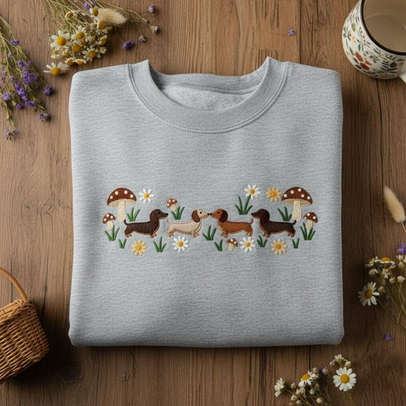 Dachshund Dog Mushroom Line embroidered sweatshirt, Cottagecore Wiener Dog Crewneck, Aesthetic Floral Pet Lover Hoodie, Dog Mom Gift