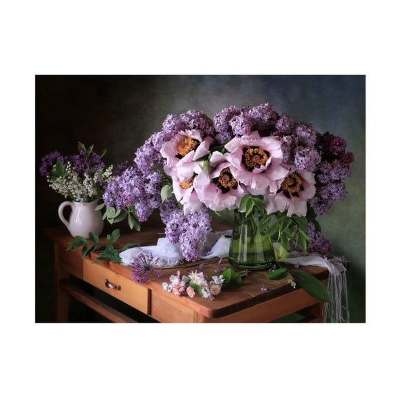Trademark Fine Art Tatyana Skorokhod  Still life with a bouquet of peonies and lilacs Canvas Wall Art