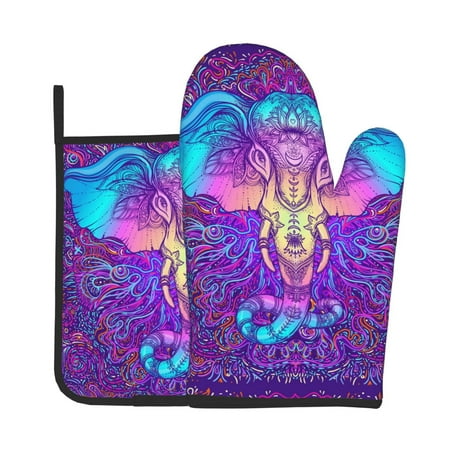 

Junzan Elephant in Tribal Style Pattern Oven Mitts and Pot Holders 2 pcs Set Potholders BBQ Gloves Long Kitchen Oven Glove for Cooking Baking Grilling (2-Piece Set 11 Inch)