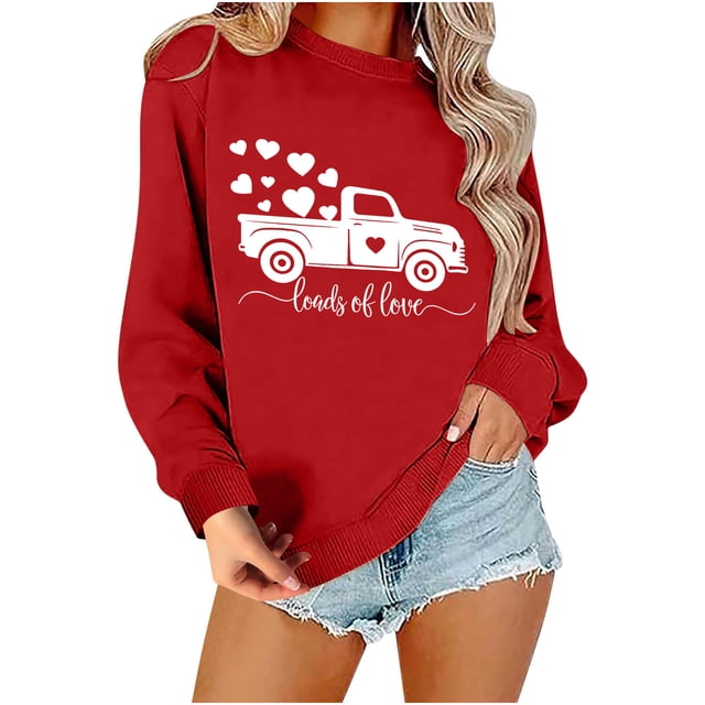 Penkiiy Chandail en Molleton pour Femmes Saint-Valentin Imprimé Cœur d'Amour Pull Décontracté Manches Longues Blouse Saint-Valentin m Rouge