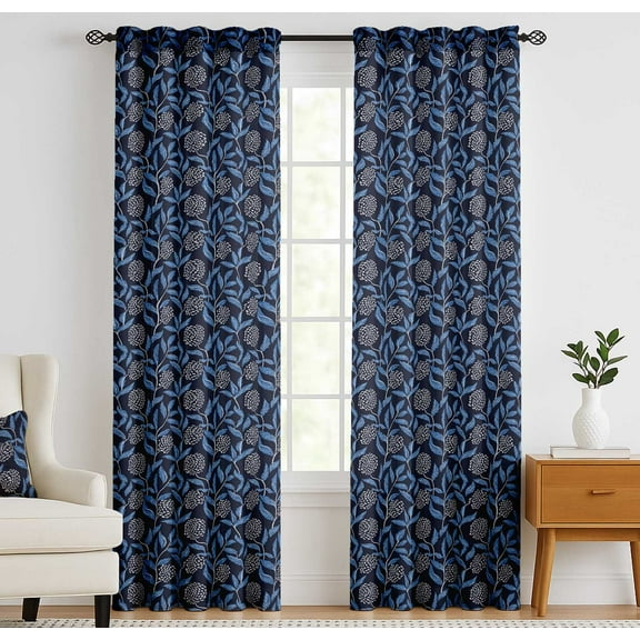 Vargottam Cotton Curtains for Windows - 3-in-1 Rod Pocket/Back Tab Short Window Drapes - Light Filtering Cotton Canvas Panels - Set of 2, 52"x63" - Leaves Print (Blue)