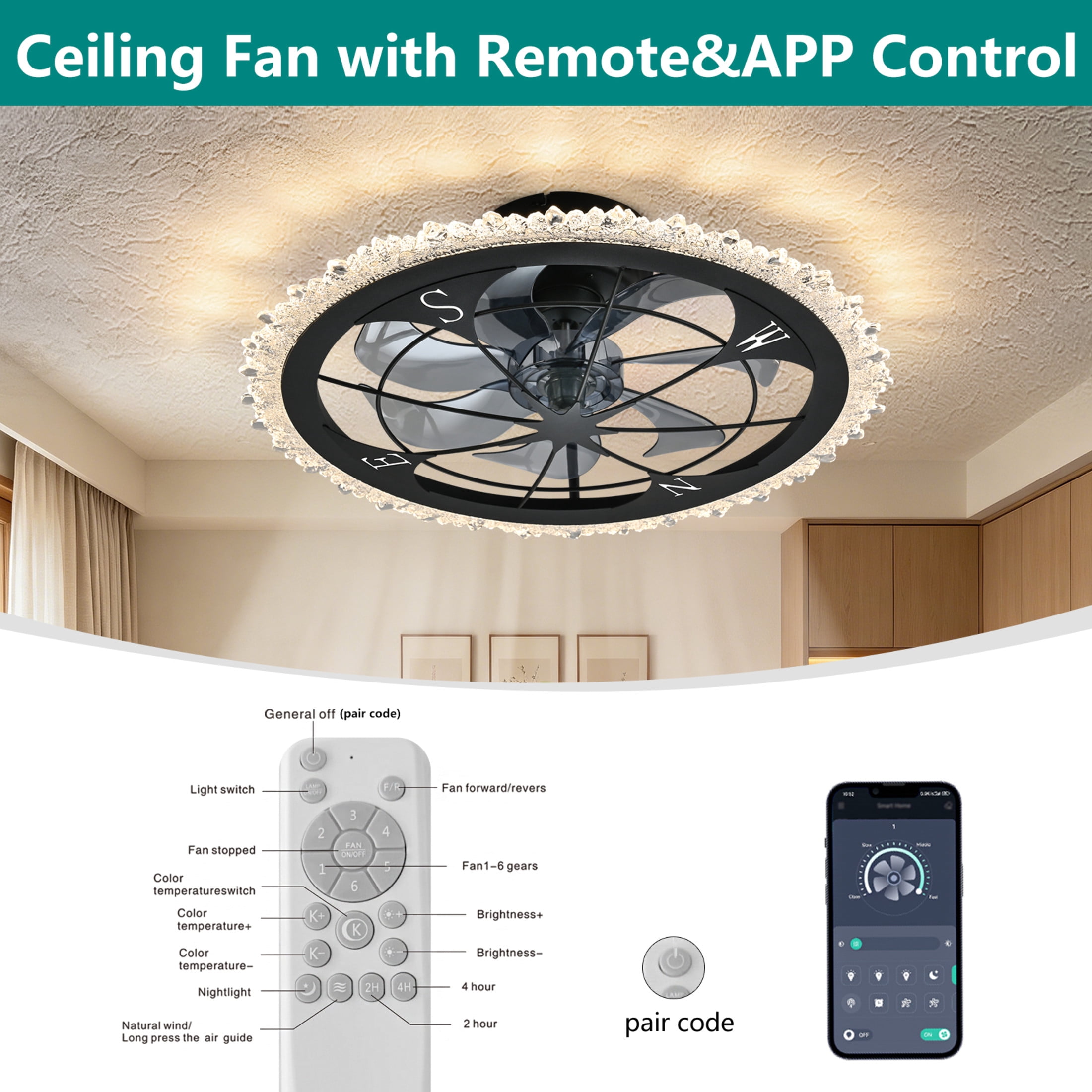 GDF Studio 21" Vintage Caged Ceiling Fan with LED Lights, Remote & App Control, Rustic Flush Mount Fandelier, Matte Black