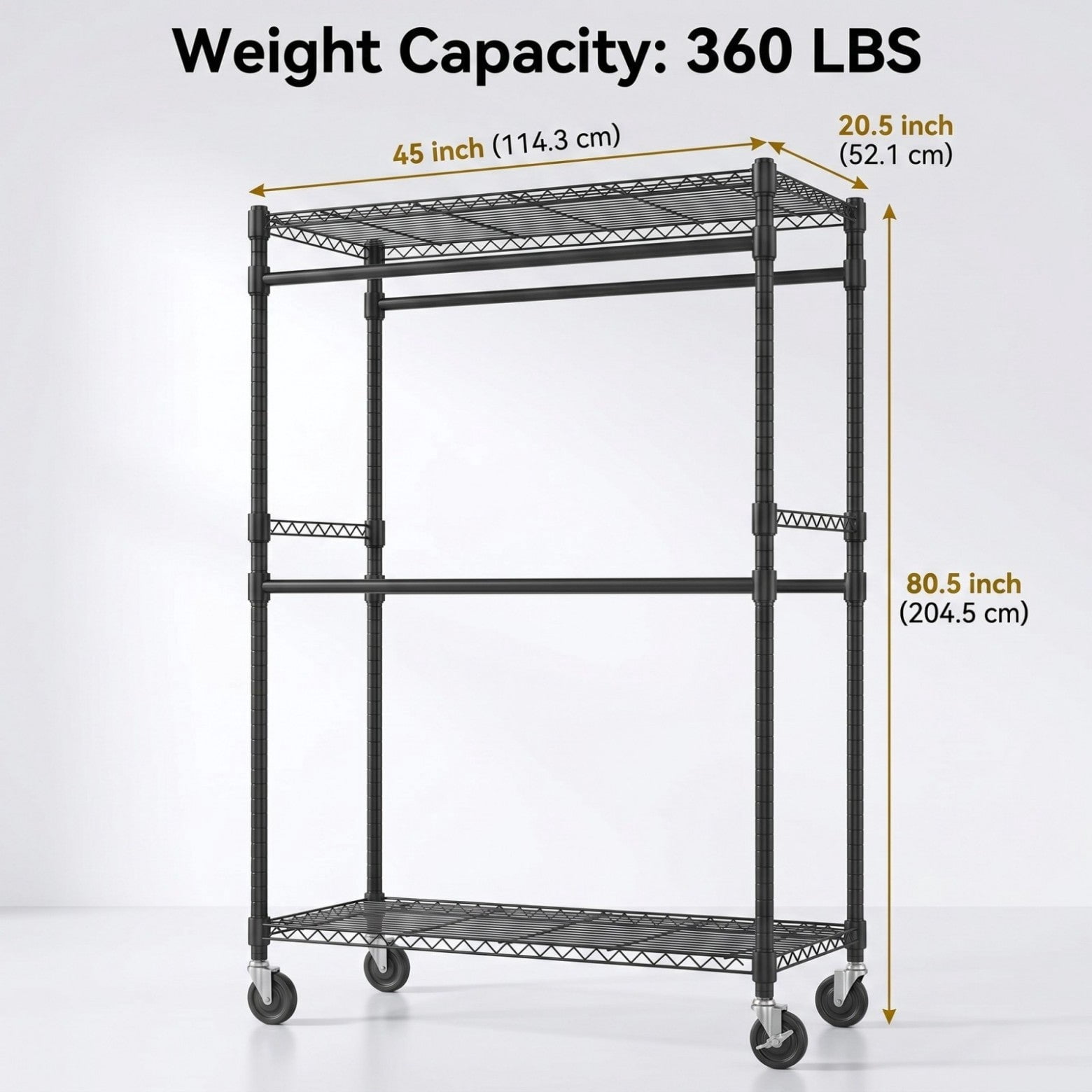 Sailvan Heavy Duty Rolling Clothing Rack, 580LBS Capacity Garment Rack with 4 Hanging Rods & 2 Shelves, Portable Closet, 45"W x 80"H,Black