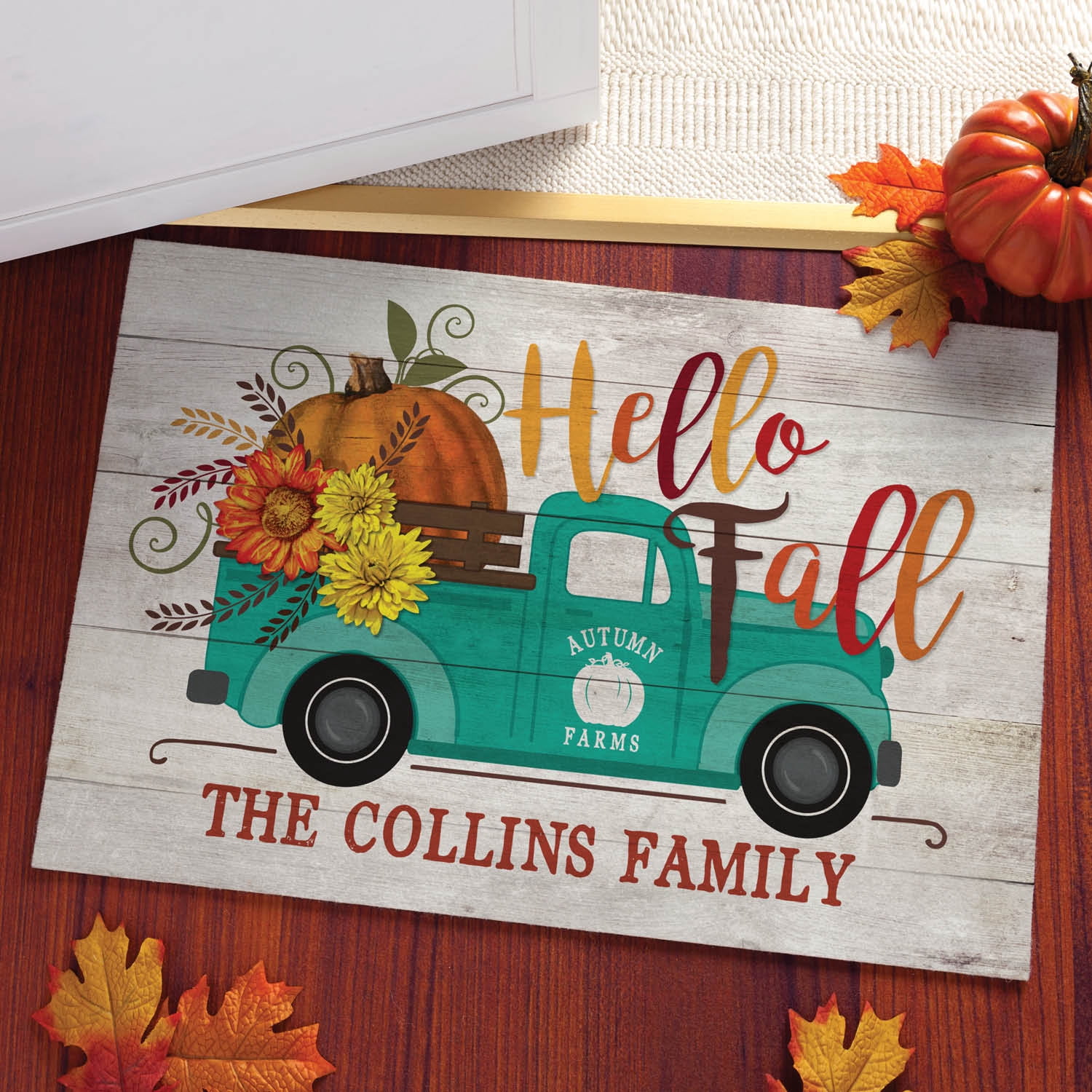 Personalized Hello Fall Pickup Truck Indoor / Outdoor Doormat