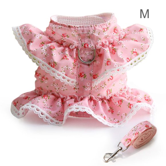 Floral Printed Pet Clothes Leash Set Pet Floral Lace Training Working Running Comfy Lace Neck Vest Harness Wild Halter Clothing Party M