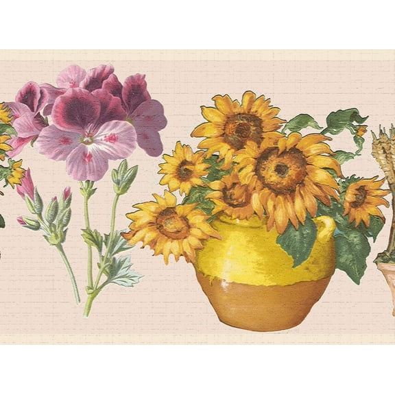 Dundee Deco's Peel and Stick Wallpaper Border - Floral Yellow Purple Flowers in Pots Wall Border Retro Design, 15 ft x 7 in, Self Adhesive