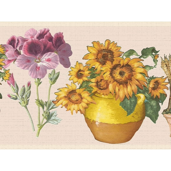 Dundee Deco's Peel and Stick Wallpaper Border - Floral Yellow Purple Flowers in Pots Wall Border Retro Design, 15 ft x 7 in (4.57m x 17.78cm), Self Adhesive