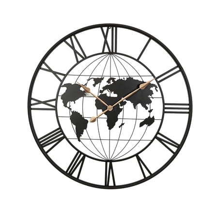 JERFIT Large 36 Wall Clock Black Gold, Modern World Map Metal Clock, Silent Non-Ticking, Decorative Art for Living Room, Bedroom, Office, Kitchen, Entryway