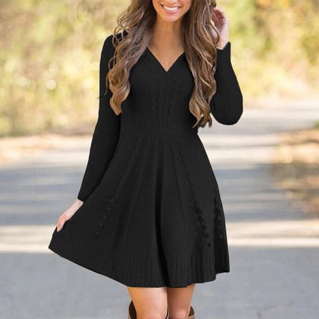 Robe Pull en Tricot à Manches Longues, Col en V, Décontractée, Mode pour Femmes