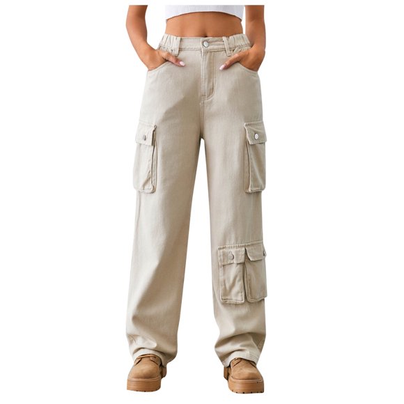 Plus Size Jeans for Women Stretchy Curvy High Waist Stretch Cargo Pants Women Baggy Multiple Pockets Relaxed Fitting Straight Wide Leg Pants S-54 Khaki XL