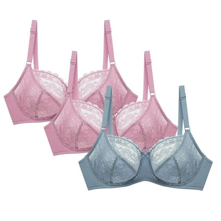 3PC Womens Lace Bras Non Padded Embroidered Underwire Unlined Full Coverage Push Up Plus Size Bralette Bra Pink 1 36 C