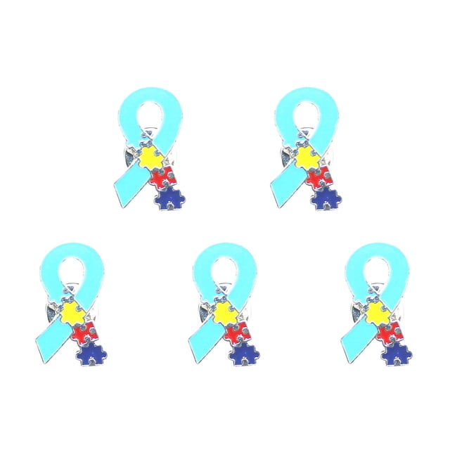 TechWave Awareness Metal Lapel Pins Set Of 5: Puzzle Piece Heart Ribbon & Badge Design Embellishments Rhinestone Embellishments for Crafting Men Lapel Pin for Suits Brooches for Men Wreath Brooch