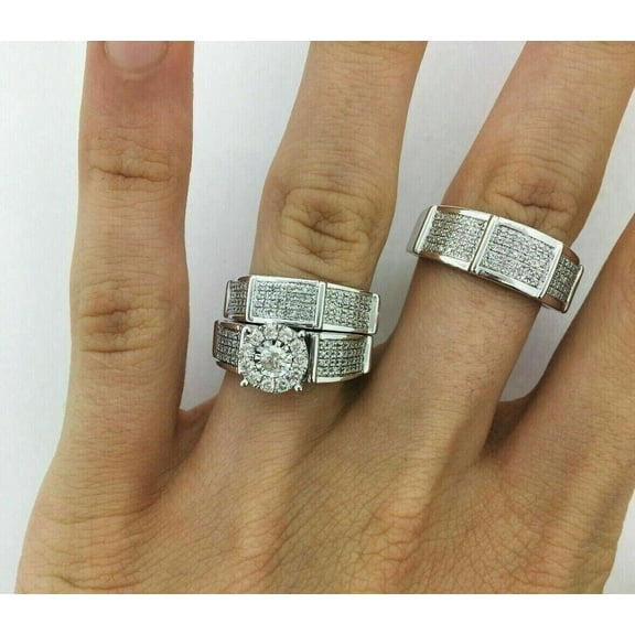 Bluebelljewels 2.60CT Cubic Zirconia His & Her Wedding Trio Ring Set 14K White Gold Finish