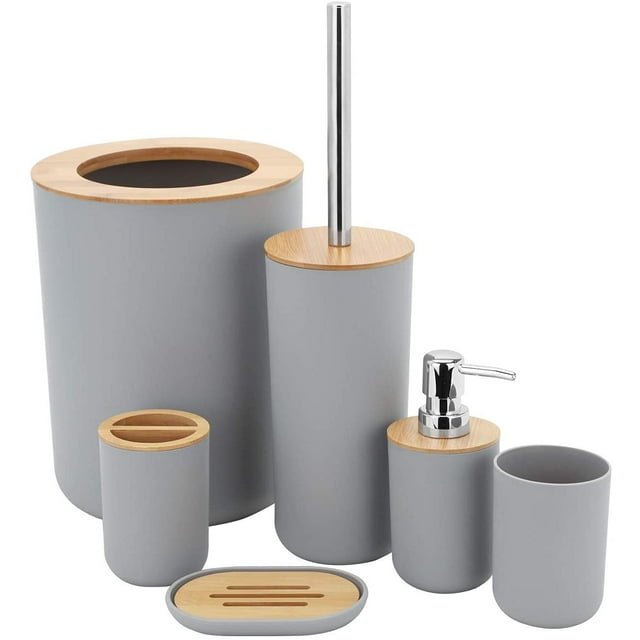 Bathroom Accessories Set, 6 Pieces Bamboo Bathroom Accessory Set including a soap dispenser, toothbrush holder, toilet brush, soap dish, trash can (40L), and toothbrush cup. The set features a modern grey finish with bamboo accents, combining functionality and style for bathroom organization.