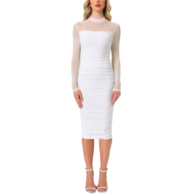 Vestido de malla INSPIRE CHIC para mujer, con cuello alto, manga larga, vestido de cóctel ajustado en blanco