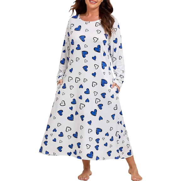 SHAPECQB Plus Size Nightgown for Women Crew Neck Long Sleeve Long Sleepshirt with Pockets Full Length Sleepdress XL-5XL