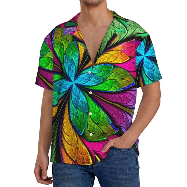 Balery Multicolored Beautiful Flower Camisa Casual de Manga Corta con Botones para Hombre, Texturizada, Estilo Cubano, para Playa, Verano-Medium