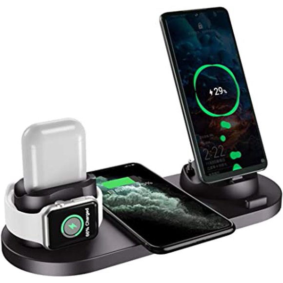 Wireless Charger 6 in 1 Charger Stand , Fast Charger for iPhone/iWatch/Airpods, Qi-Certified Charging Station for iPhone 13/12/11/Pro/Max/XS/Max/XR/XS/X, iWatch 7/6/SE/5/4/3/2, Airpods