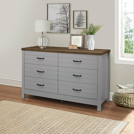 Lancaster Farmhouse Oak Top 6-Drawer Dresser, Gray, by Hillsdale Living Essentials