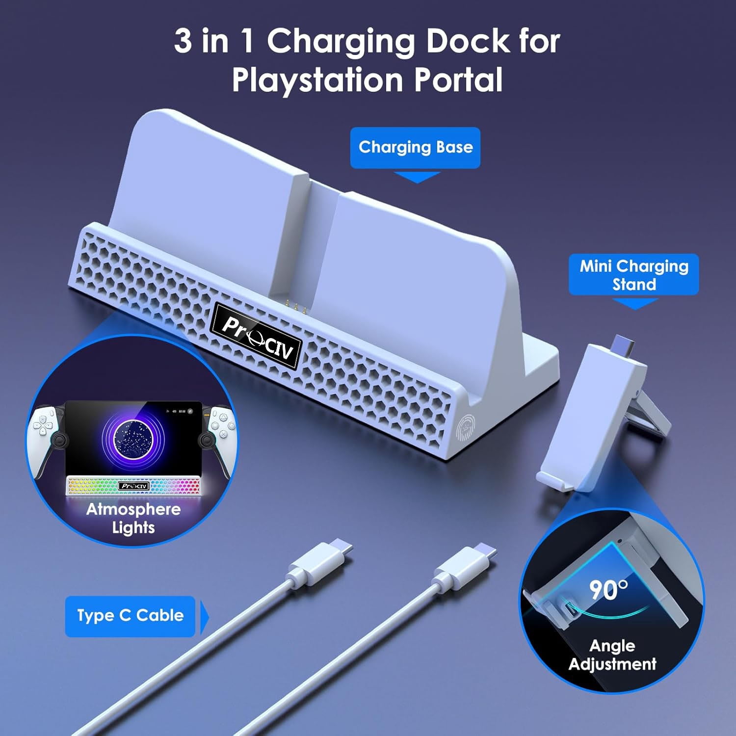 Charging Dock for PlayStation Portal, 3 in 1 Charging Stand for PS5 Portal with 14 RGB Light and 4.9ft USB C Charging Cable, Portable Charger Accessories for PlayStation Portal Remote Player(White)