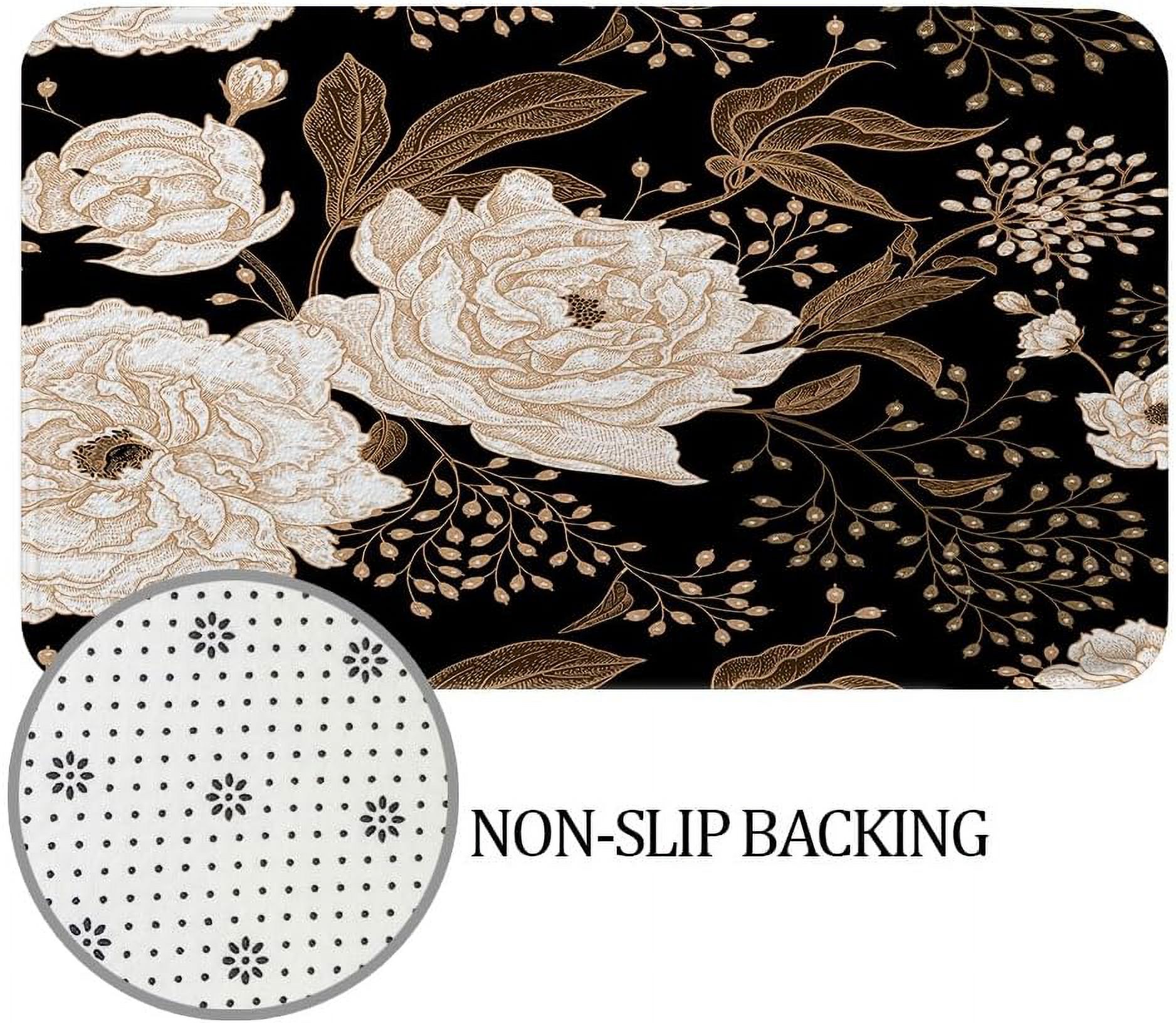 Black and Gold Bathroom Rugs, Dark Roses Leaves Botanical Aesthetic Boho Floral Bath Mat, Vintage Rose Gold Flowers Unique Chic Outdoor Rug, Soft Non Slip Floor Rugs for Living Room Doormat, 17x29