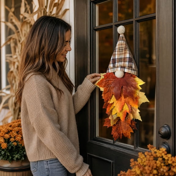 Beige‑Brown Plaid Fall Gnomes Maples Leaf Wreath, Autumn Gnome Hanging with Pointed Hat Rustic Home Decor for Fall Harvest Thanksgiving Halloween Farmhouse Outside Porch Door