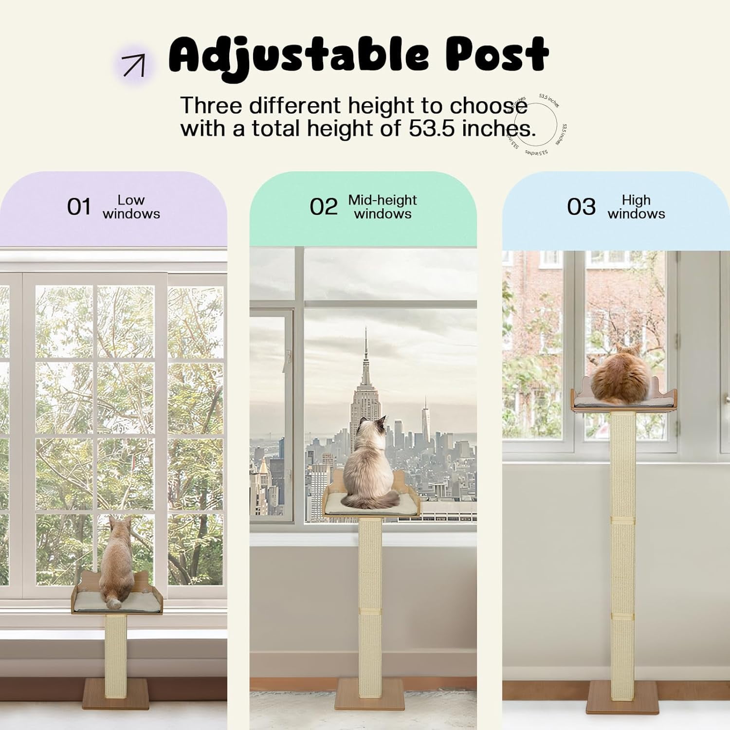 Window Perch with Thick Sisal Scratching Post, Adjustable Tall Cats Hammock Bed with Fluffy Cushion and Suction Cups