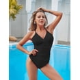 thumbnail image 2 of LIORA Women’s Halter V Neck Macrame Back Ruched Tummy Control One Piece Swimsuits US Large, Black, 2 of 8