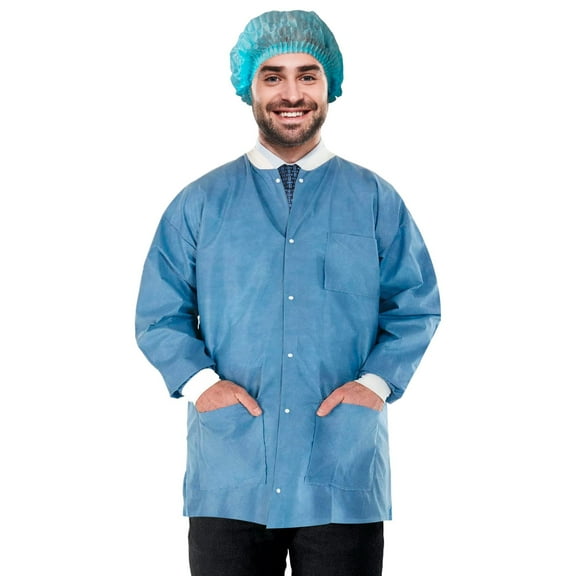 Disposable Lab Jacket, 32 Inches Long. Pack of 10 Ceil Blue Hip-Length Workwear X-Large. SMS 50 gsm Disposable Shirts with Snaps Front, Knit Cuffs & Collar, 3 Pockets. Unisex PPE Coat