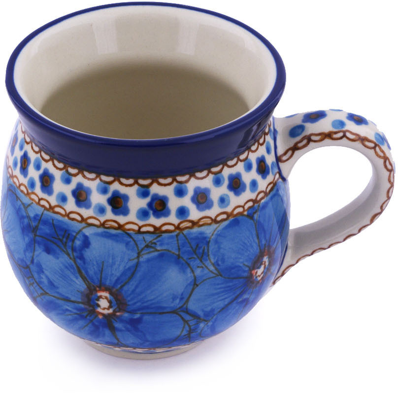 Polish Pottery Bubble Mug 12 oz Polmedia Blue Poppies Theme UNIKAT Hand