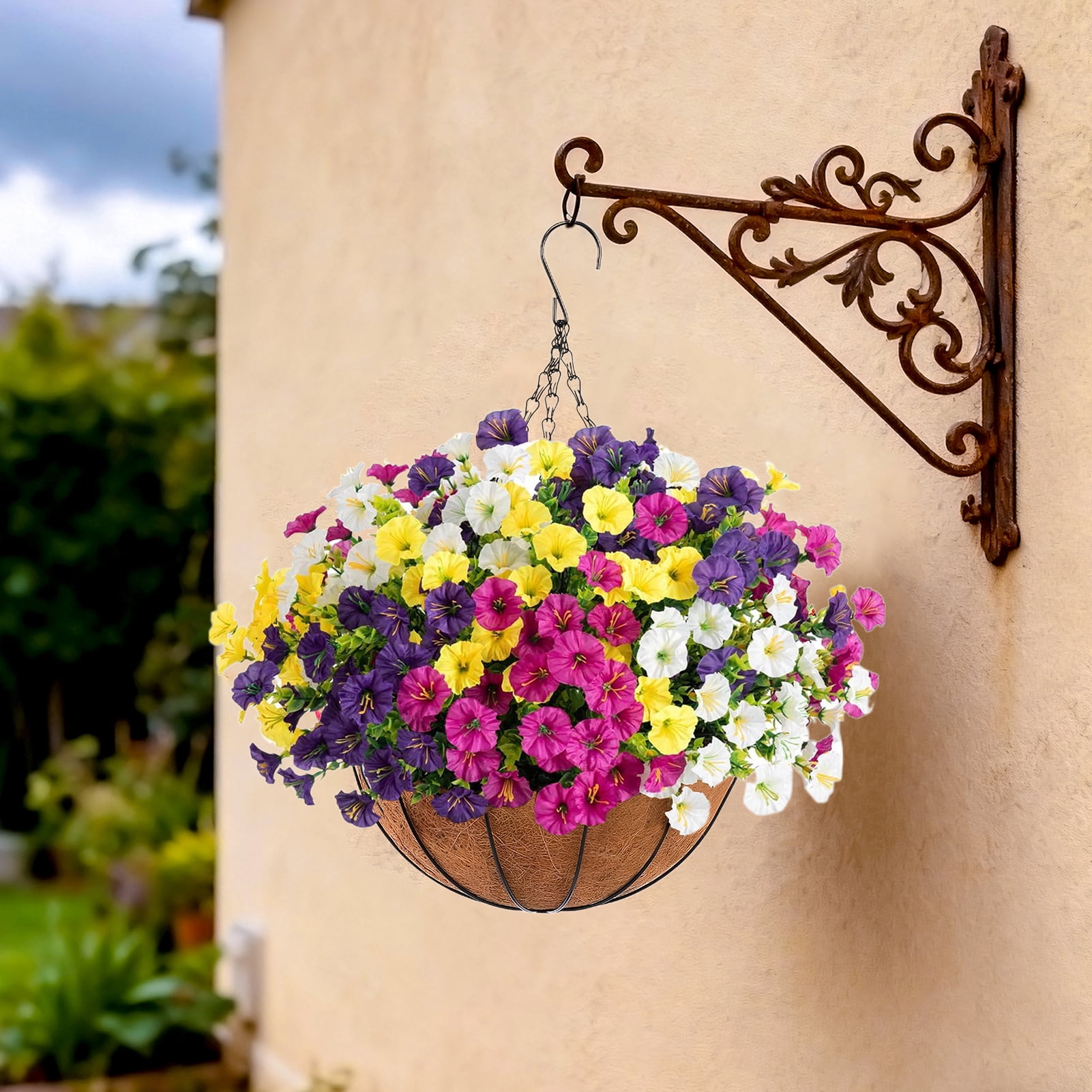 Lumkrypt Artificial Faux Flowers Hanging Basket for Outdoor, 12 Pcs Silk Morning Glory with Eucalyptus,UV & Fade Resistant for Porch Patio Balcony Garden Yard Home Decor