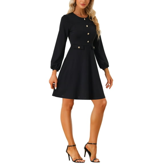 INSPIRE CHIC Women's Contrast Button Decor Long Sleeve Work Office Dress XS Black