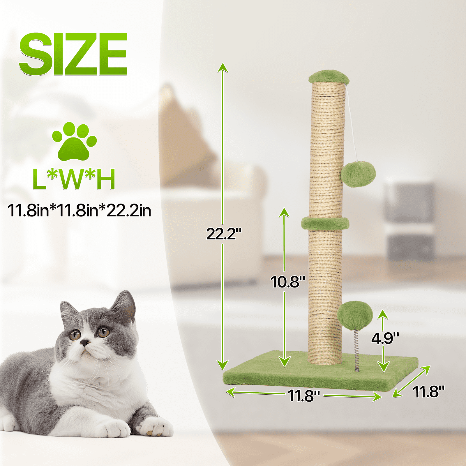 Dkelincs Cat Scratching Post with Sisal & Spring Ball Toy 22" Tall Cat Scratcher for Indoor Cats/Kittens Natural Sisal Scratch Post Trees for Living Room Bedroom, Green