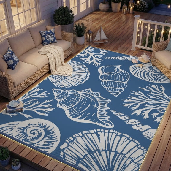SIXHOME 8'x10' Waterproof Reversible Outdoor Rug with LED Strip Lights, Coastal Ocean-Inspired Patio Rug, Lightweight Woven Plastic Carpet for RV, Camping, Deck & Balcony, Blue