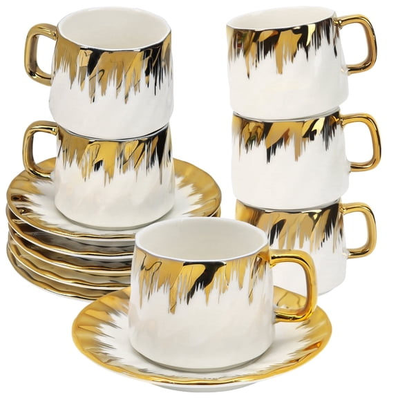 3 oz Espresso Cups with Saucers, 90ml Porcelain Coffee Cups Set of 6 , Coffee Mug for Coffee Drinks, Latte, Cafe Mocha,Tea,White Golden