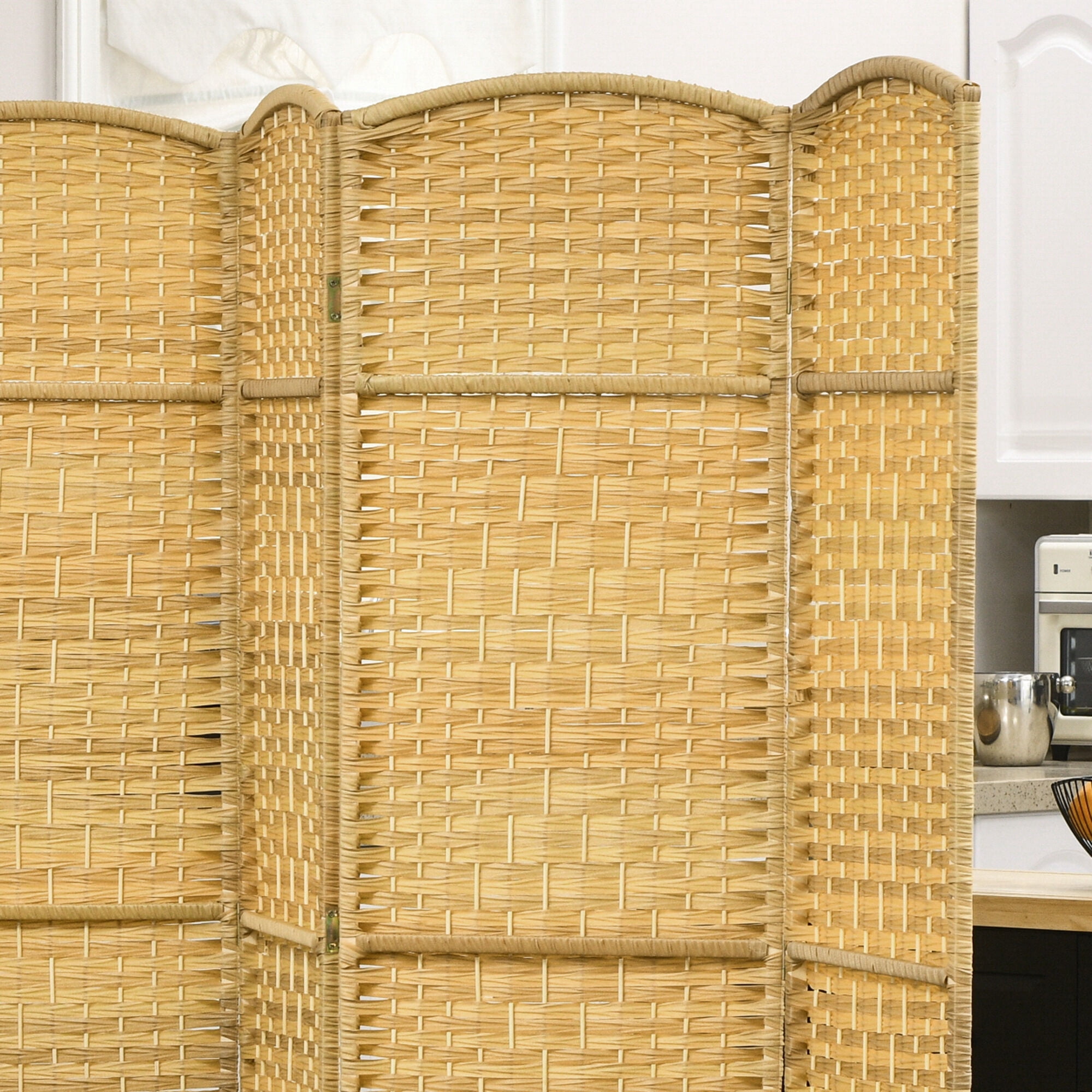 Privacy Screen HOMCOM 6 Panel Room Divider, 6' Tall Folding Privacy Screen, Hand-Woven Freestanding Wall Partition for Home Office, Bedroom, Nature Wood,Outdoor Privacy Screen