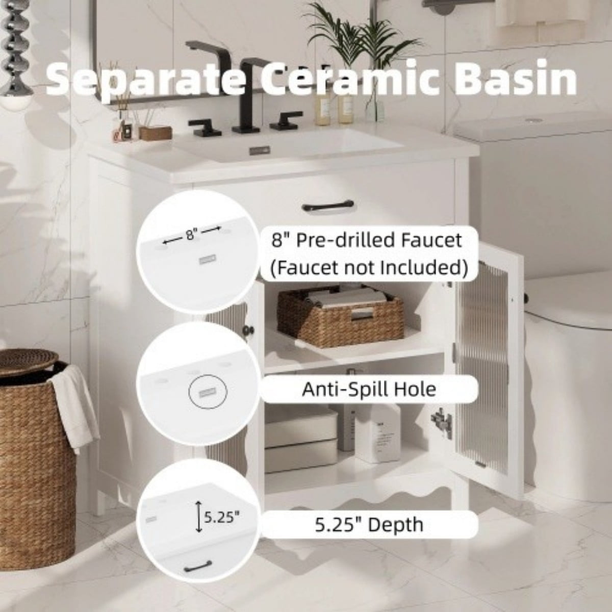 31" Bathroom Vanity with Ceramic Sink, Modern Freestanding Bathroom Cabinet with Tempered Glass Doors, Soft Close Hinges, Rubber Wood Legs, White