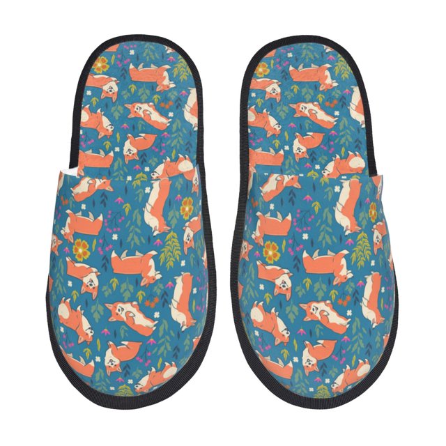 Fotbe Corgi with Flowers Pantuflas Peludas para Mujer con Estampado, Zapatillas de Peluche, Zapatos de Invierno para Casa, Uso Interior y Exterior-Medium