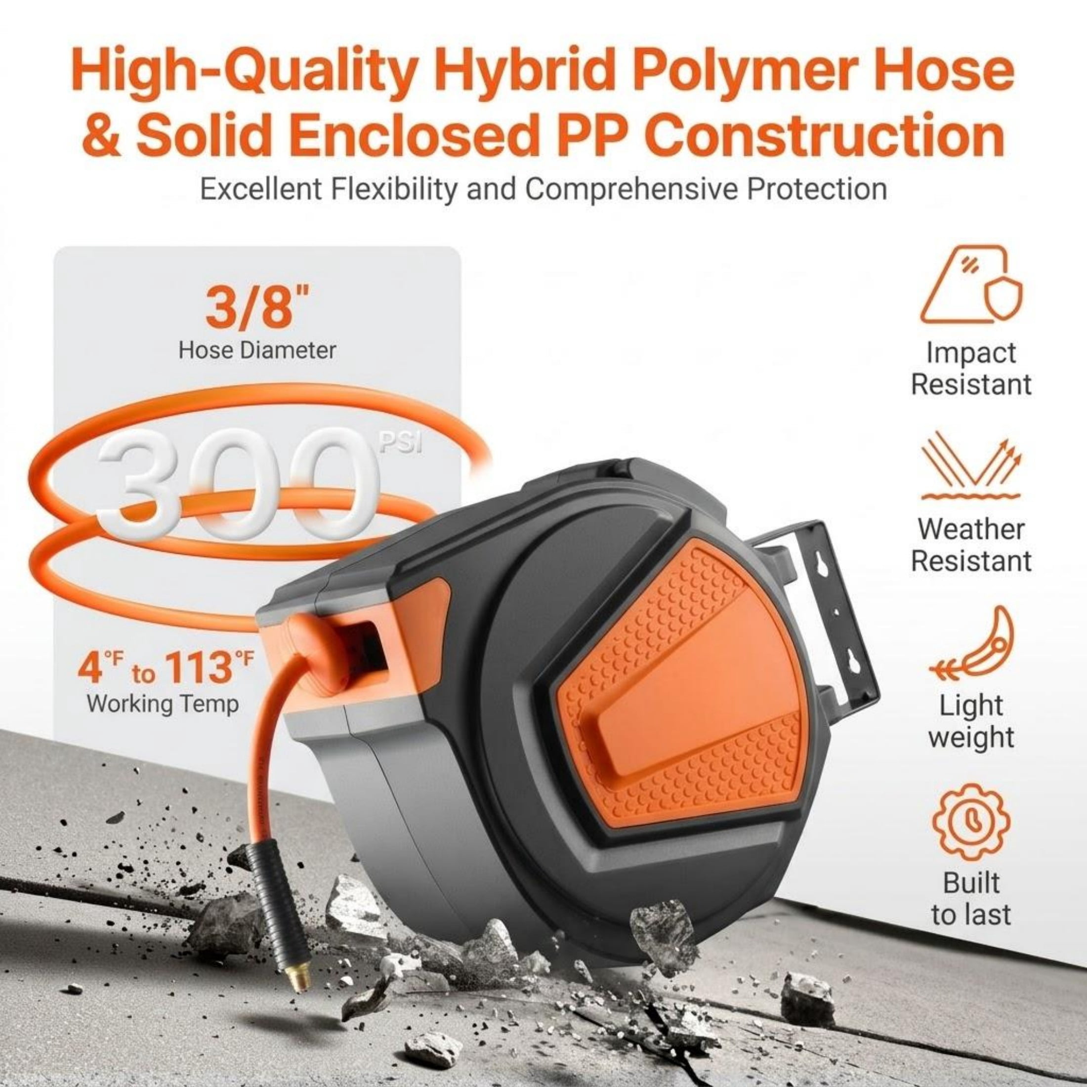 3/8" x 65 ft Retractable Air Hose Reel, Hybrid Hose Max 300 PSI, Auto-Rewind with 6.6 ft Lead, Ceiling/Wall Mount, 180° Swivel Bracket
