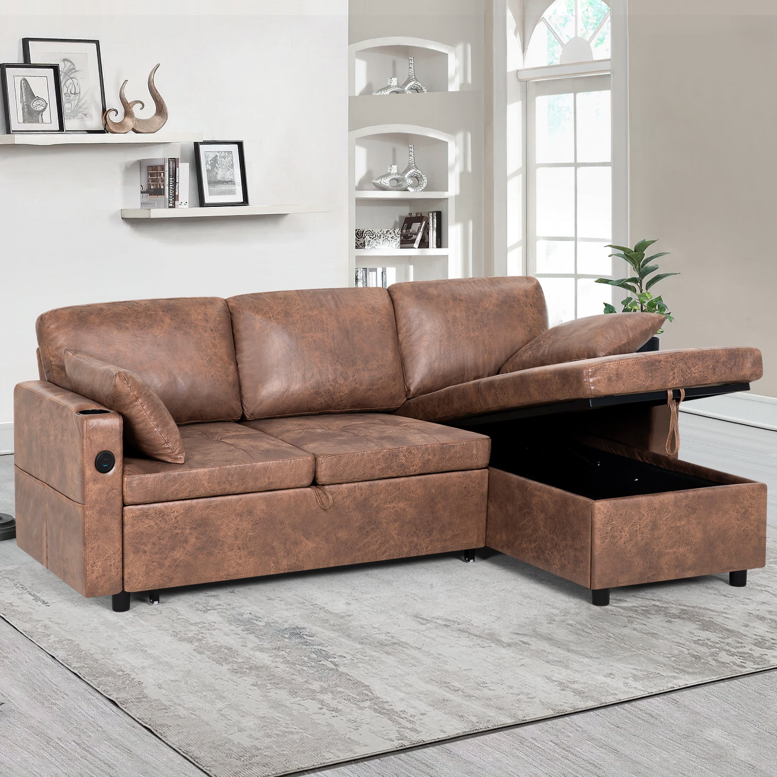 ACMEASE 84" Suede Leather Sectional Sofa w/Adjustable Backrests, Pull Out Sofa Bed w/USB Charger Port& Reversible Storage Chaise,Convertible L-Shaped Sofa with Cup Holders for Living Room,Brown