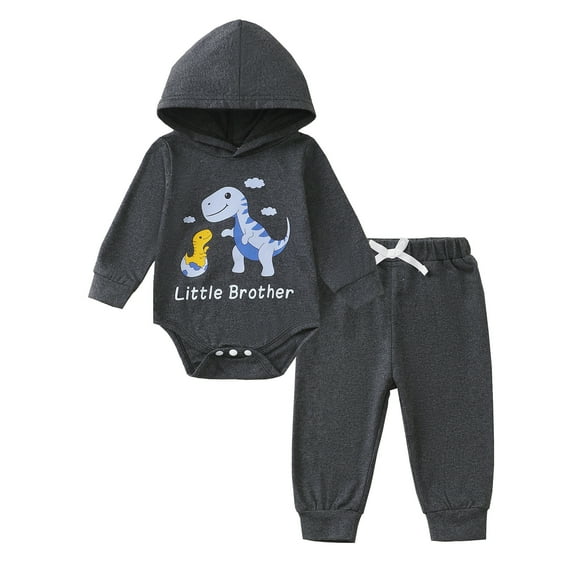 3 Months Baby Boys Clothes 6 Months Boys 2PCS Outfits Set Dinosaur Print Infant Boys Long Sleeve Hoodie Top Pants Set Gray