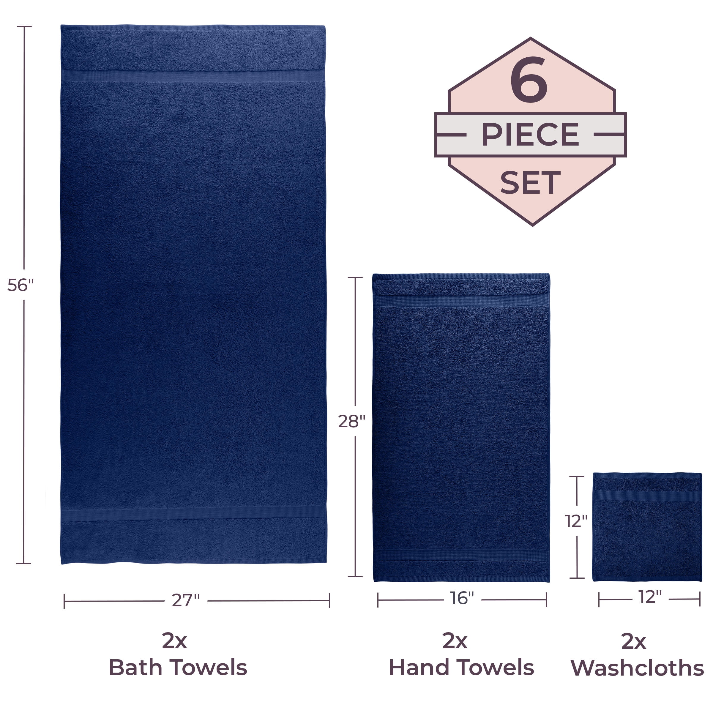 Lavish Home 6 Piece Cotton Towel Set with 2 Bath Sheets, 2 Hand Towels, and 2 Wash Cloths (Navy)