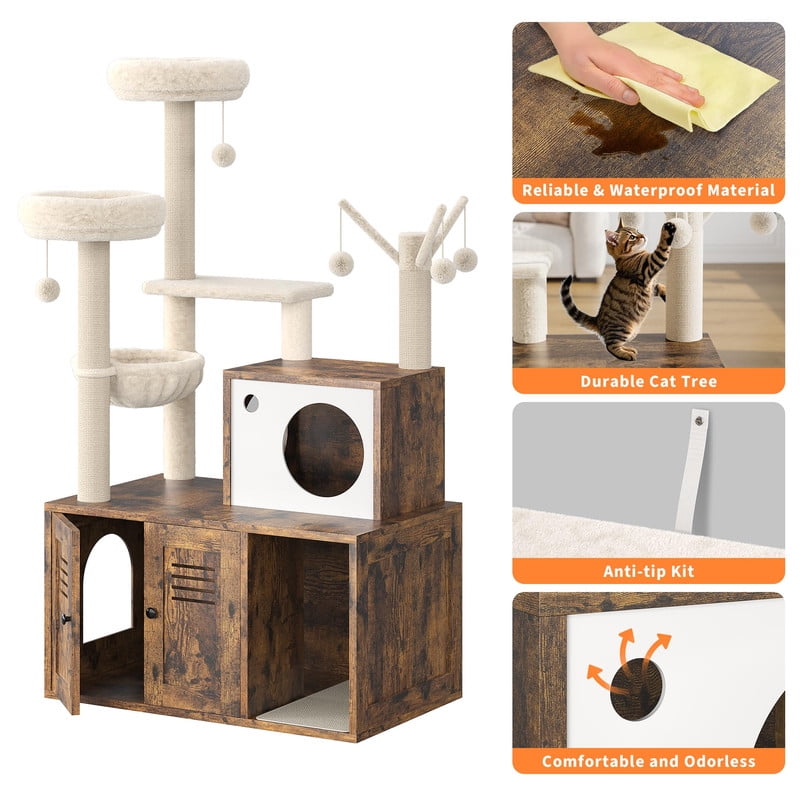 TROPOW Modern Cat Tree with Integrated Litter Box Enclosure - 55 Inch Multi-Level Cat Condo with Hammock, Scratching Posts & Toys - All-in-One Cat Furniture for Indoor Cats