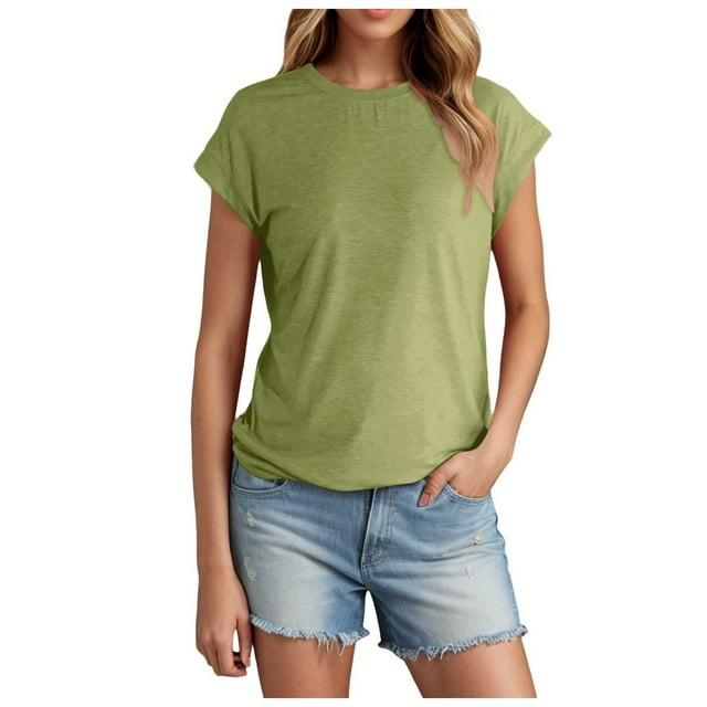 Women Summer Short Sleeved T Shirt Polyester Spandex Ribbed Knit for Summer Outings