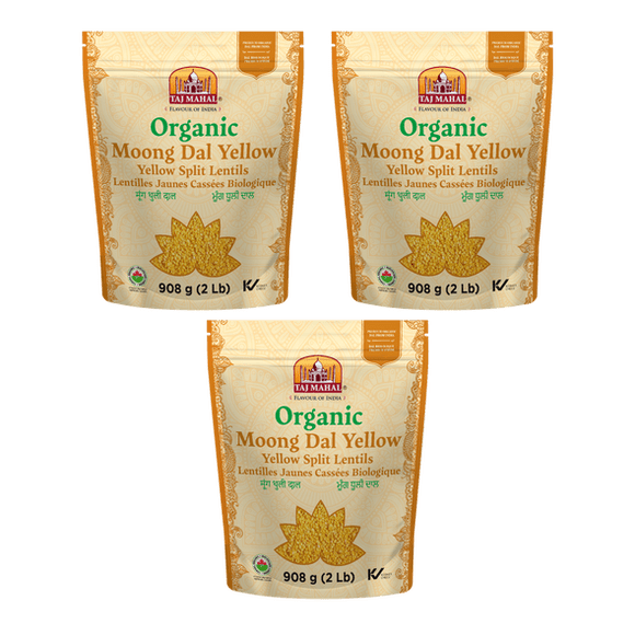 Taj Mahal Organic Yellow Split Lentils (Mung Dal), 3-Pack, 908g Each, Easy Digest Dal