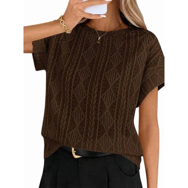 Hauts d'Été à Manches Courtes pour Femmes en Tricot Texturé Col Rond T-Shirts pour Enseignants Marron TG